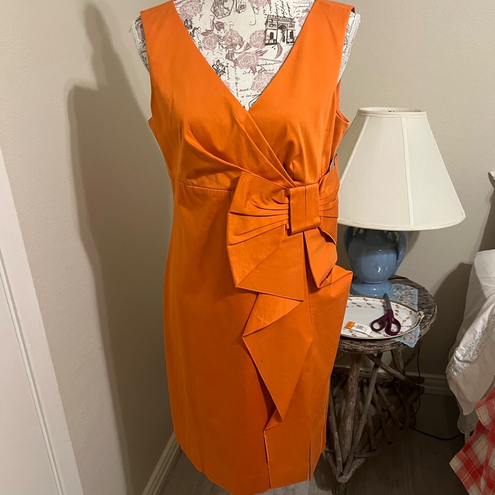 RED VALENTINO ORANGE SLEEVELESS BOW DRESS